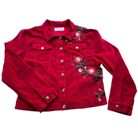 Judy Blue Womens Red Corduroy Embroidered Button-Up Jacket L Unique Retro Boho - Picture 11 of 11